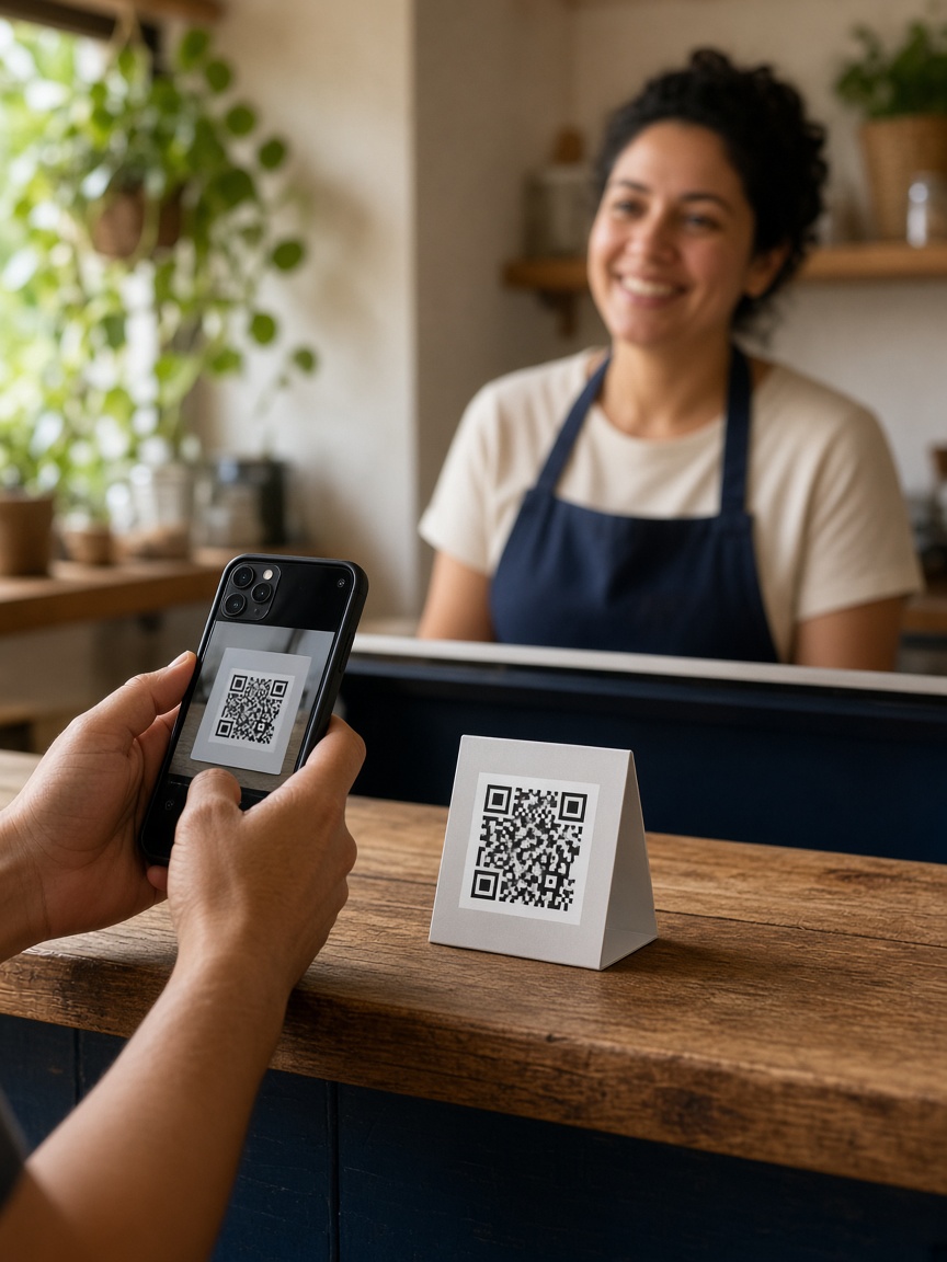Cliente lendo um QR code no balcão de atendimento